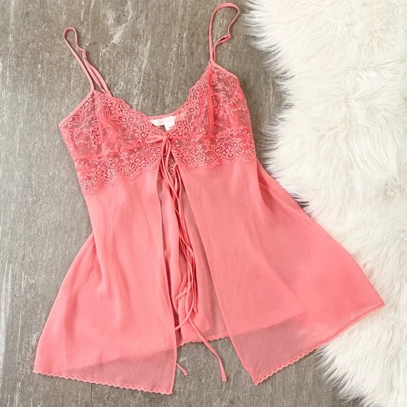 Y2K Victoria’s Secret Silk Pink Lace Chiffon Vintage VDay Babydoll Slip Dress M